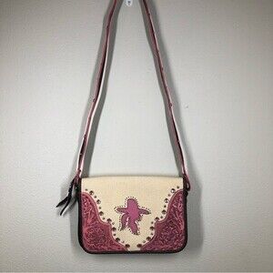 Montana Silversmiths Cross Body Purse Pink Tooled Leather & Canvas Bling Cowgirl